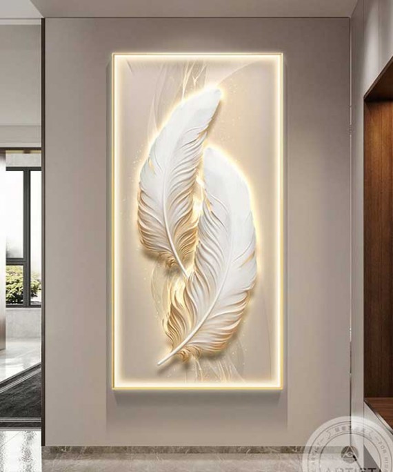 White Crystall Painting Modern  Feather With Led Light